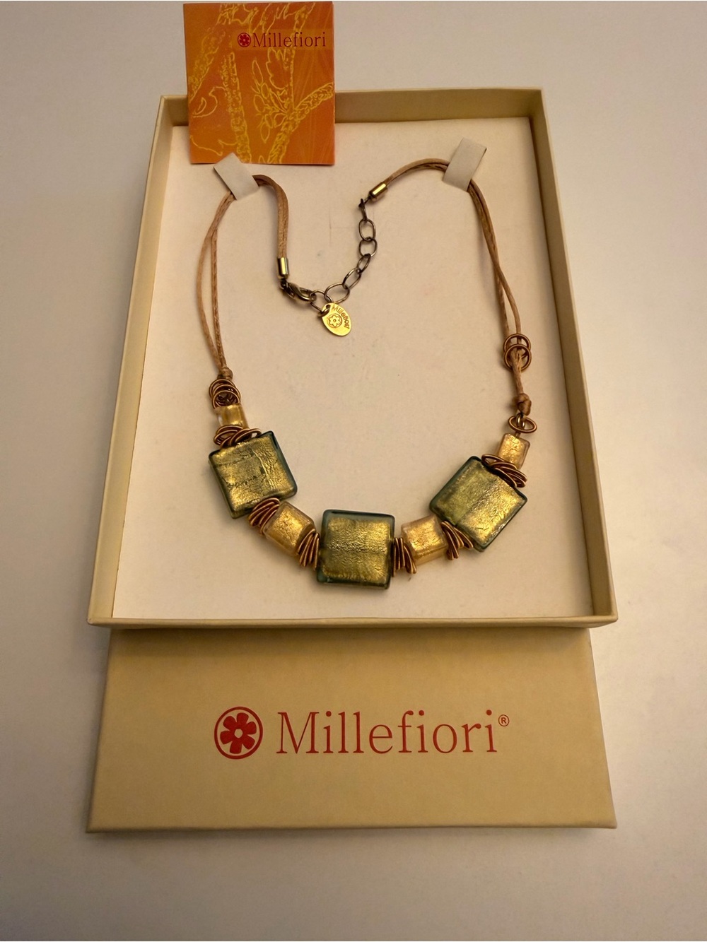 Millefiori Green and Gold Glass Bead Necklace